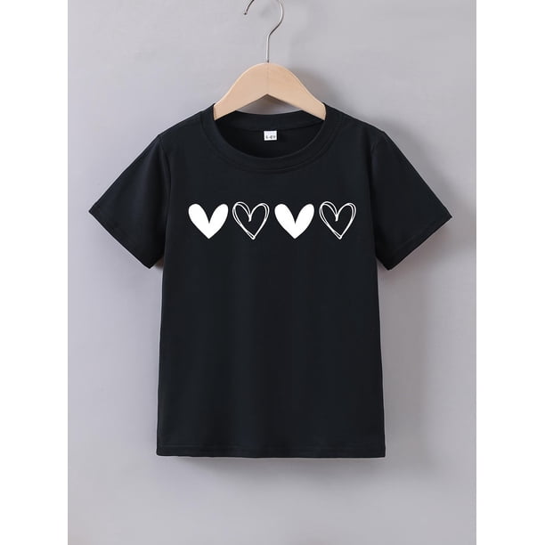 1pc Girls' Summer Short Sleeve T-Shirt with Heart Print - Casual Crew Neck Knit Top, Polyester Cartoon Pattern, Slight Stretch Regular Fit