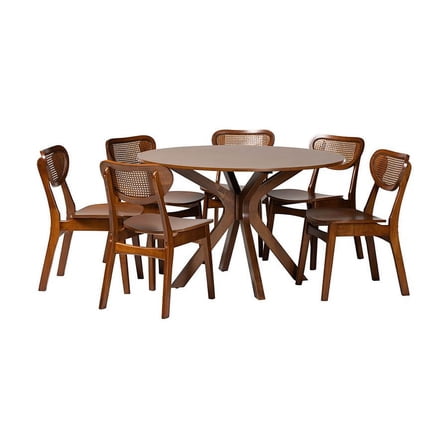 Baxton Studio Walnut Brown Finished Wood and Woven Rattan 7-Piece Dining Set