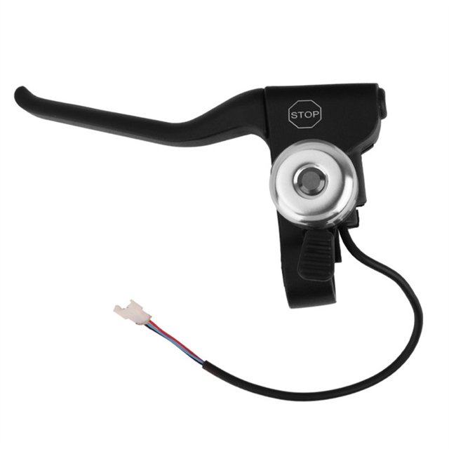 mango de freno con timbre para patinete eléctrico gotrax manija de freno negra con campana metálica plateada y cable eléctrico, palanca curvada y abrazadera con 'STOP' impreso, fabricado en plástico según especificaciones; a menudo usado como recambio rápido para scooters eléctricos.