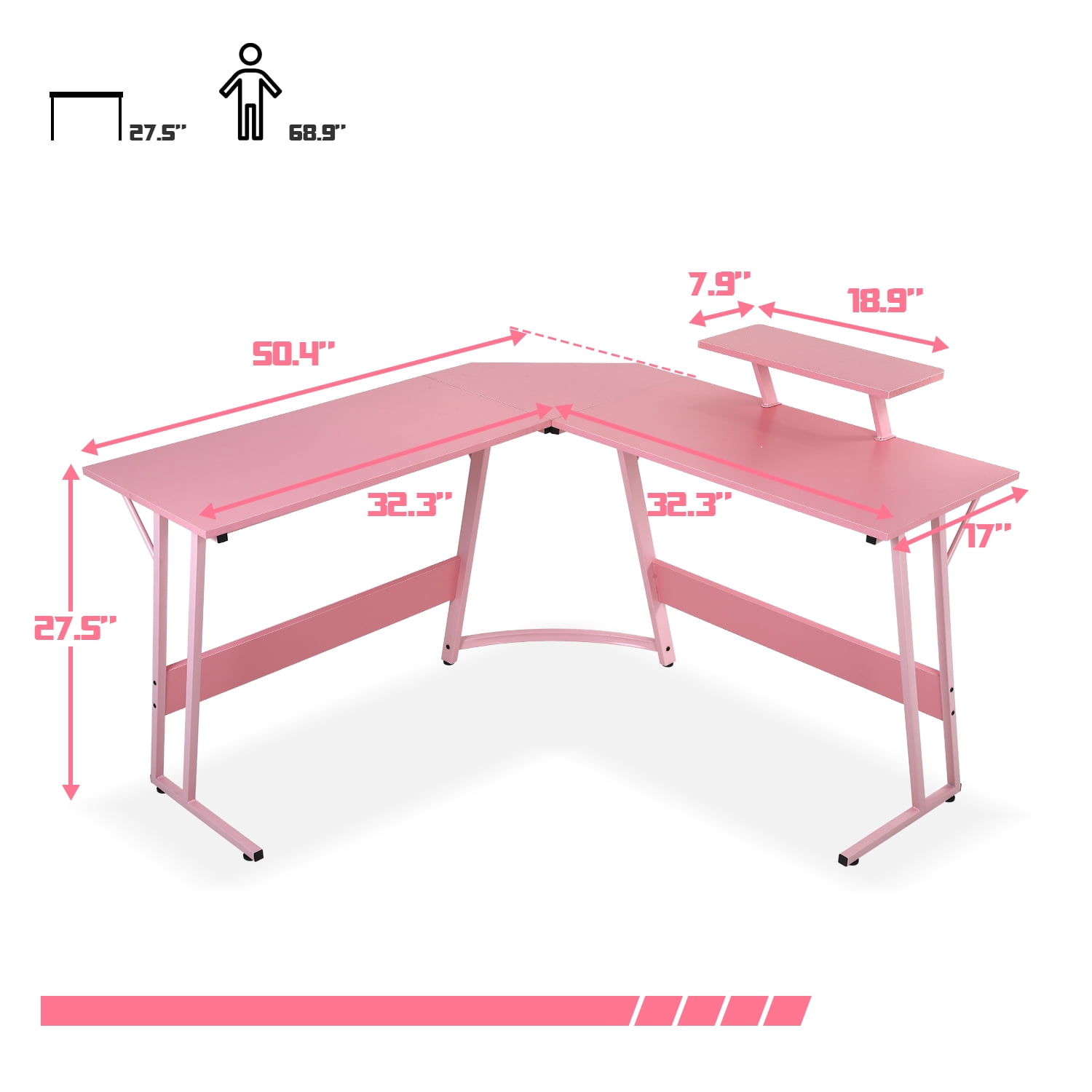 CL.HPAHKL L Shaped Gaming Desk, Gaming Corner Desk with Monitor Riser Stand 50 Inch PC Desk Computer Table Desk with Large Desktop Studying and Working and Gaming for Home and Work Place, Pink
