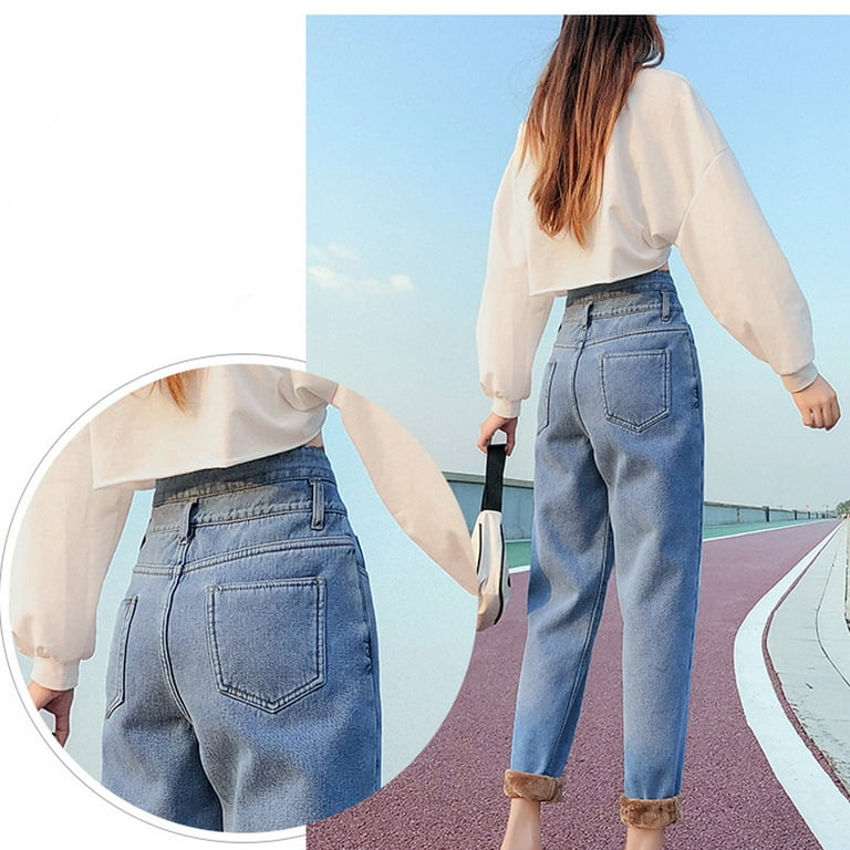 HTNBO Women Plus Size Fleece Jeans Winter Warm Solid Denim Trousers 