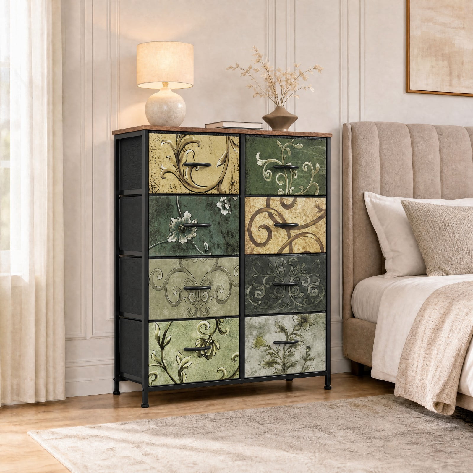 Telyra 8-Drawer Fabric Dresser Tall Storage Tower with Wood Top and Steel Frame Bedroom Closet Organizer, Floral Painted