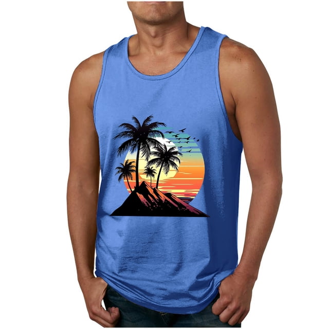 Hyknon Tank Tops Men Tank Colorless Gradient Printing Round Neck Thin Strap Leakage Back Regular Casual Sports Tank Blouses Summer Fashion Soft Breathable Loose Fitting Pullover Workout Tops