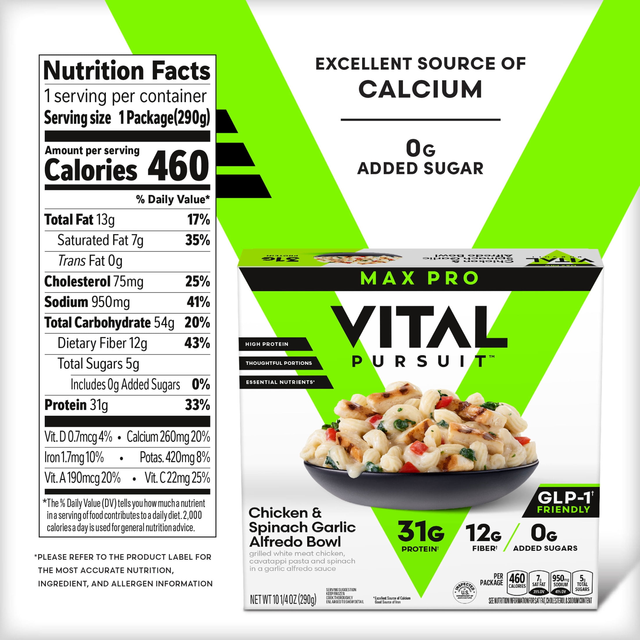 Vital Pursuit Chicken & Spinach Garlic Alfredo Pasta Bowl, High Protein GLP-1 Friendly Frozen Meal, 31g Protein, 10.25 oz (Frozen)