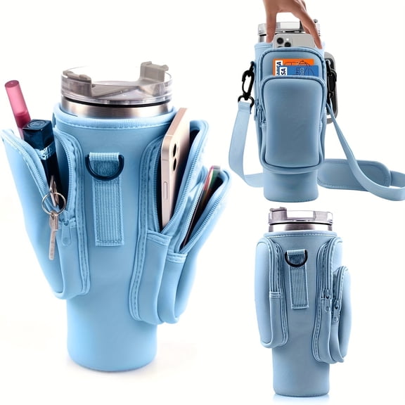 Blue 1pc Neoprene Water Bottle Carrier Bag with 3 Pockets & Phone Slot for 30/40oz Tumbler, Neoprene Bottle Holder Pouch, Cup Accessory, Perfect Father Gift