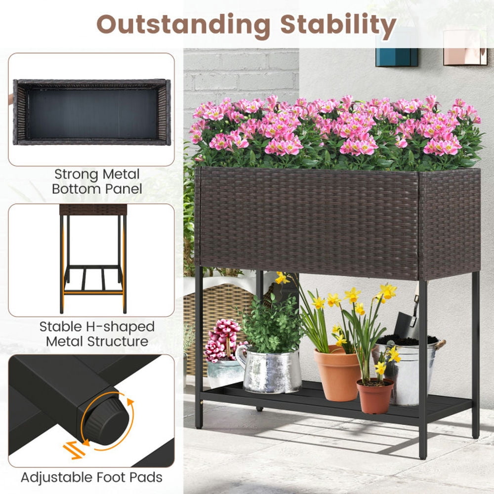 Spaco Wicker Raised Garden Bed with Storage Shelf and Removable Liner for Flowers, Elevated Planter Box for Backyard, Outdoor Garden
