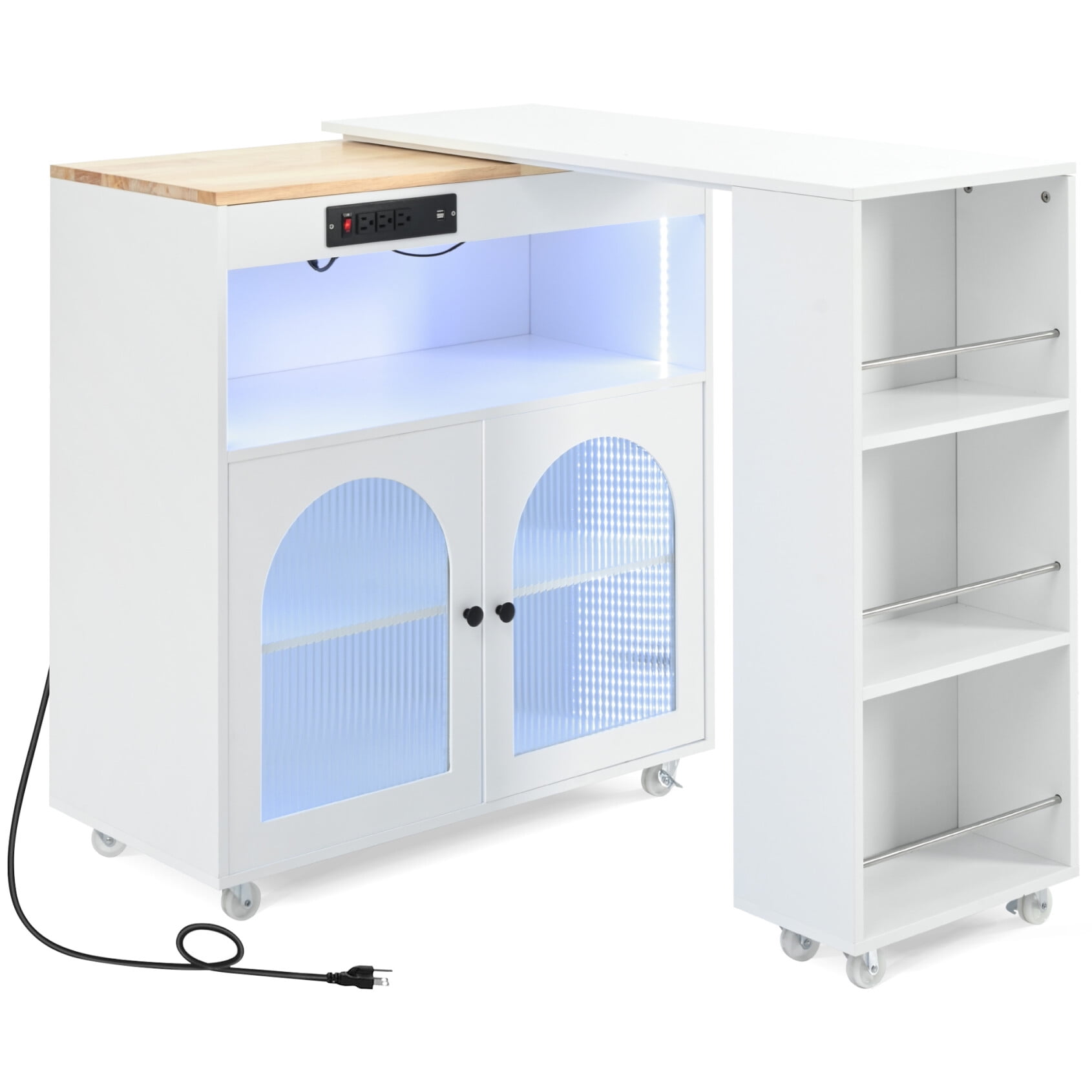 Kitchen Island with Storage, Rolling Kitchen Island Table with Extended Table, 3 Open Shelves and 2 Glass Doors, Built-in LED Lights & Power Outlets, Kitchen Cart Cabinet on Wheels for Home, White