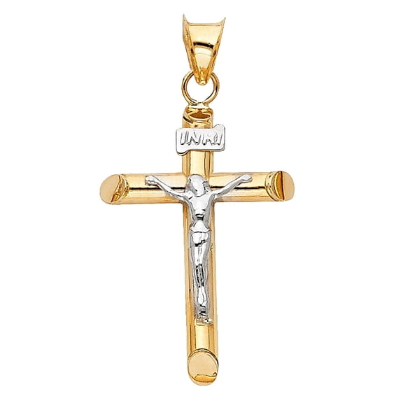 14K Two Tone Gold Crucifix Cross Religious Pendant for Chain Necklace | Jewelry Gift for Men Women | 35 x 15 MM | 1.1 grams
