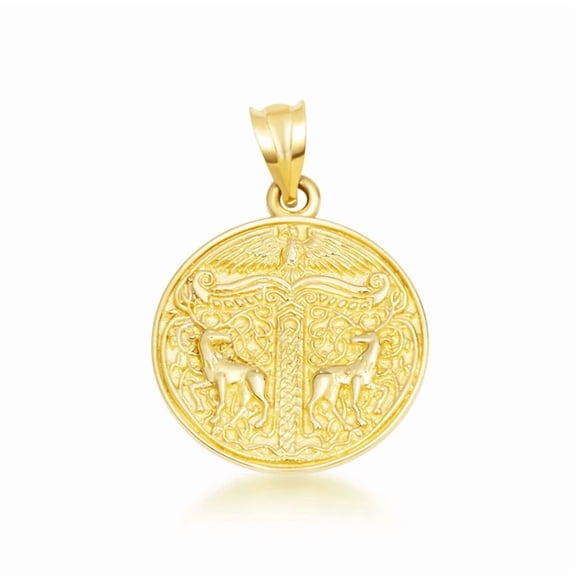 10K Yellow Gold Pagan Irminsul Tree of Life Viking Medallion Pendant
