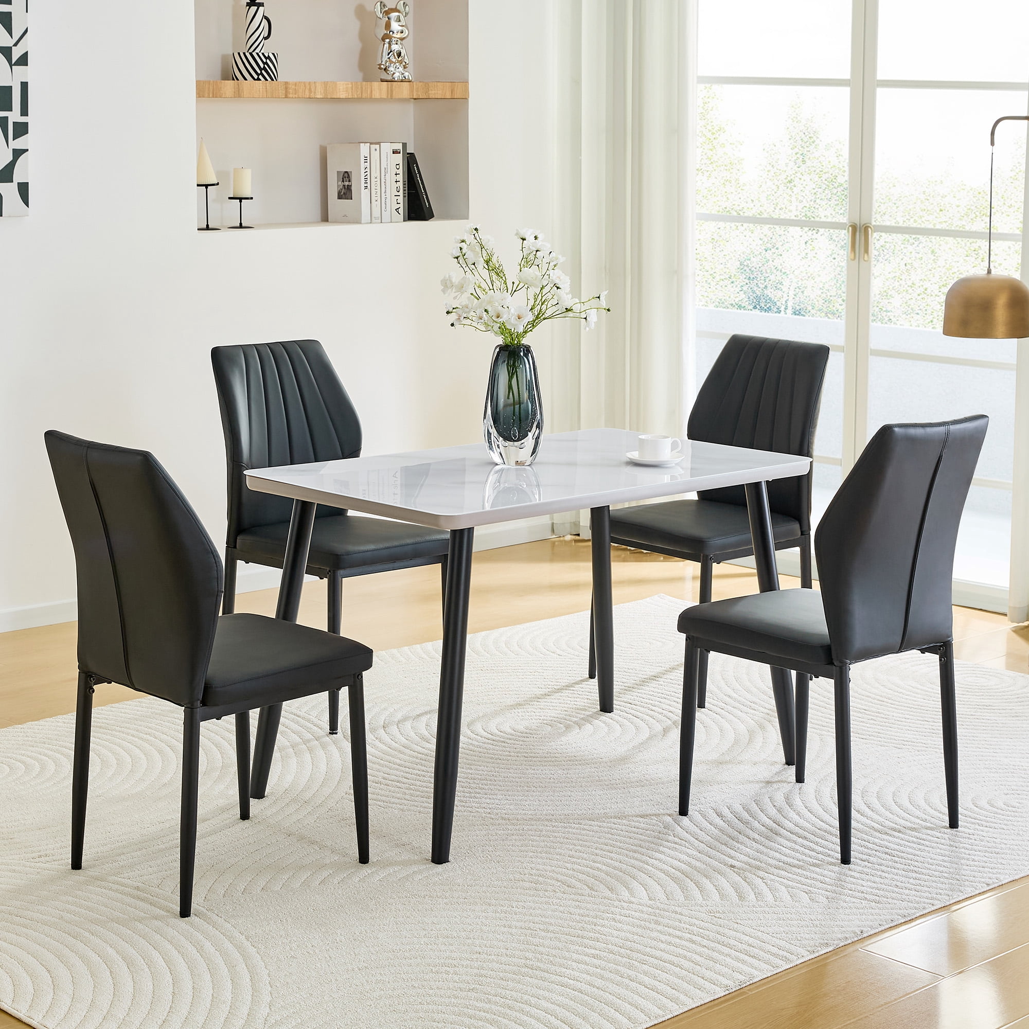 Hi loPres 47" White Modern Rectangular Dining Table for Apartments, Faux Marble Tempered Glass Top Kitchen Desk with Stable Black Metal Legs, Minimalist Style