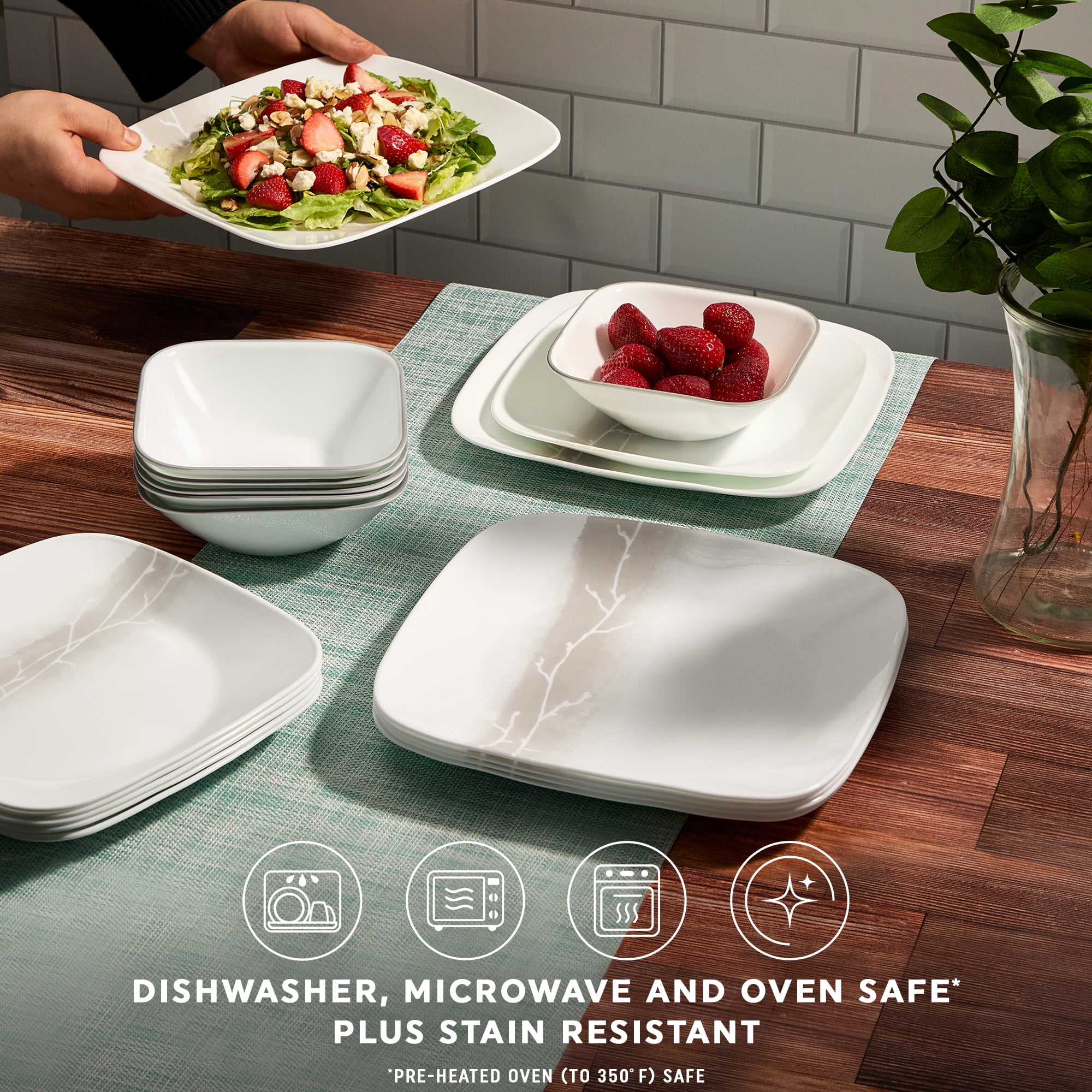 Corelle Wandering Grove 18 Piece Square Glass Dinnerware Set Service for 6 Walmart Business Supplies