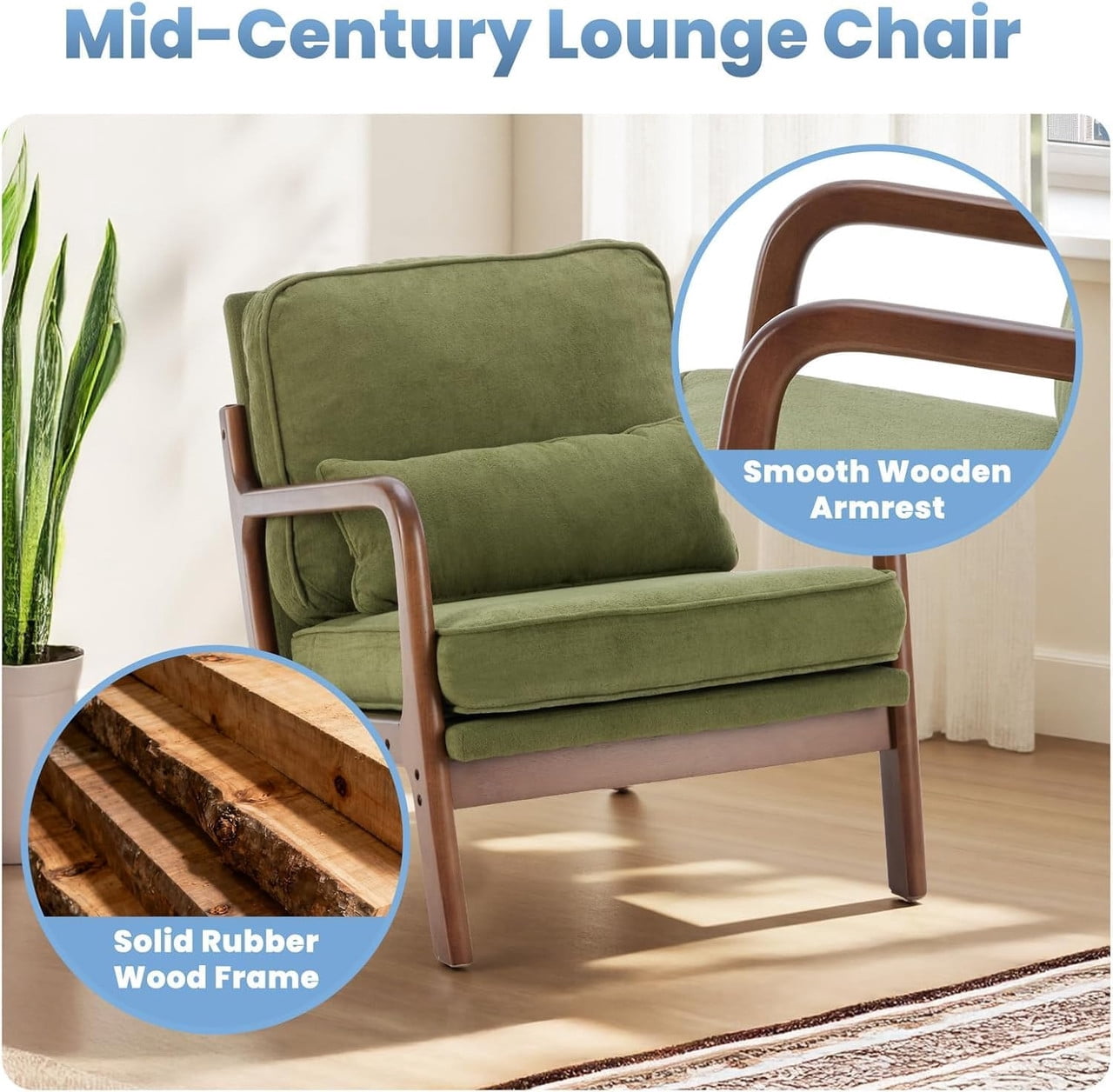 Simenmax Mid Century Modern Accent Chair, Lounge Chair with Cushion, Solid Wood Chair with Arms, Reading Chair for Living Room, Bedroom,Green