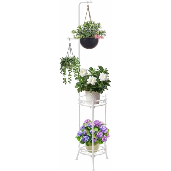 Adjustable Metal 4 Potted Flower Pot Plant Stands - 2 Tier 72 inch Tall Indoor Outdoor Heavy Duty Plant Shelf with Hangers - Perfect for Living Room Corner and Patio (White)