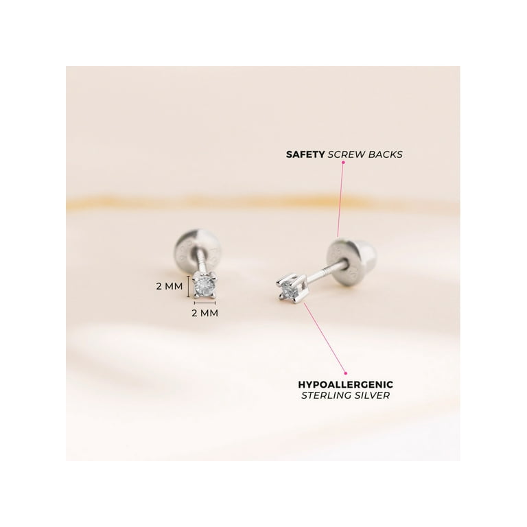 In Season Jewelry 925 Sterling Silver Baby Earrings Screw Back Girls  Children's CZ 2mm