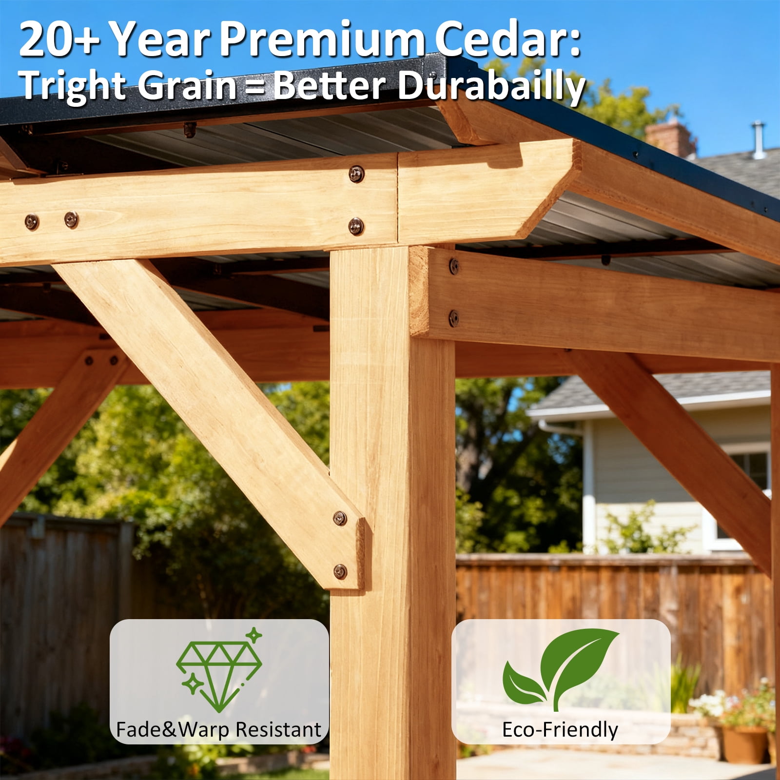 CHARMELEON Grill Gazebo 8 x 10 FT, Cedar Wood Hardtop Gazebo with Galvanized Steel Roof, Built-in Side Shelves, Heavy-Duty Frame for Backyard, Deck, Lawn