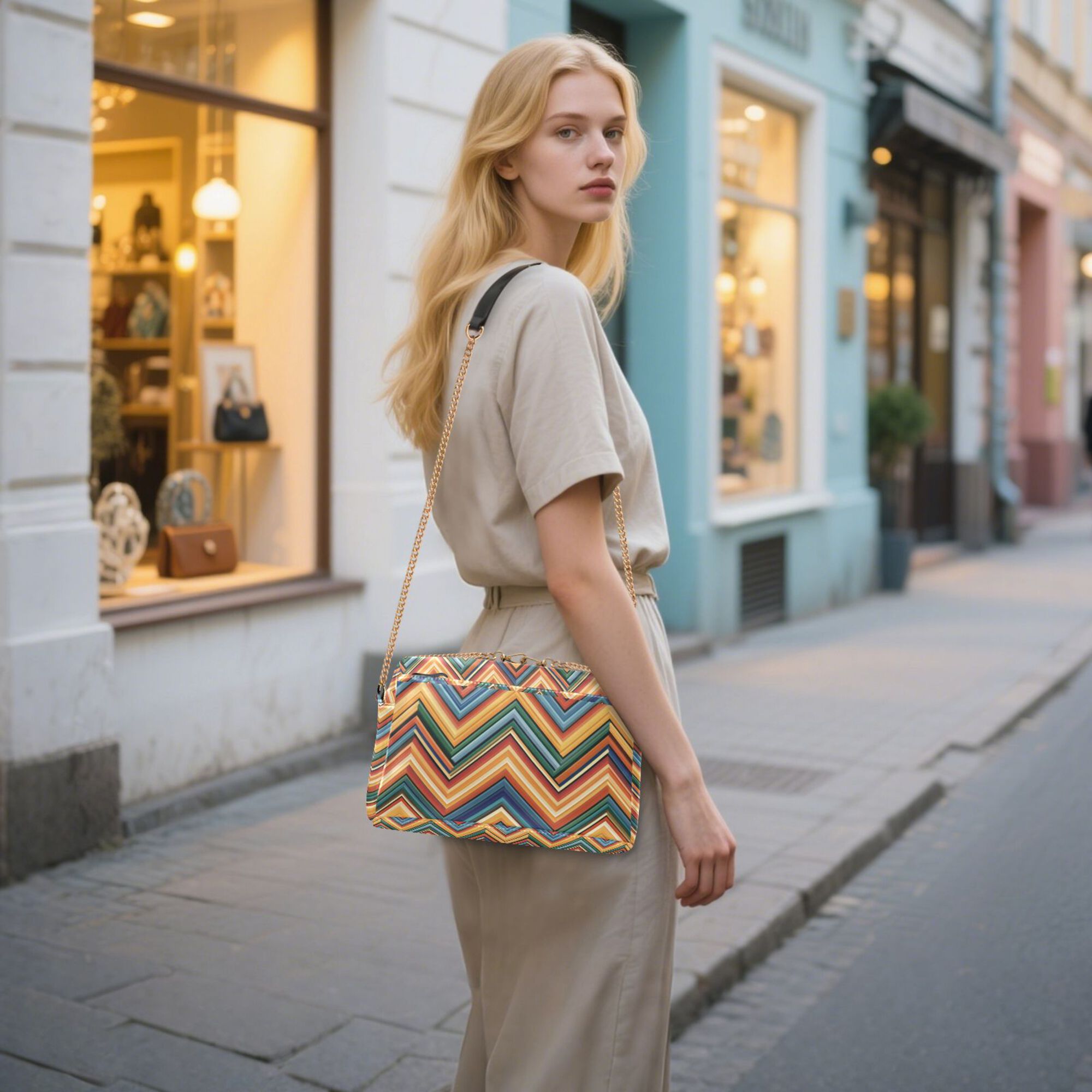 FORMRS Women Crossbody Purse with Chain Strap Vegan Leather Shoulder Handbag, Orange Geometric
