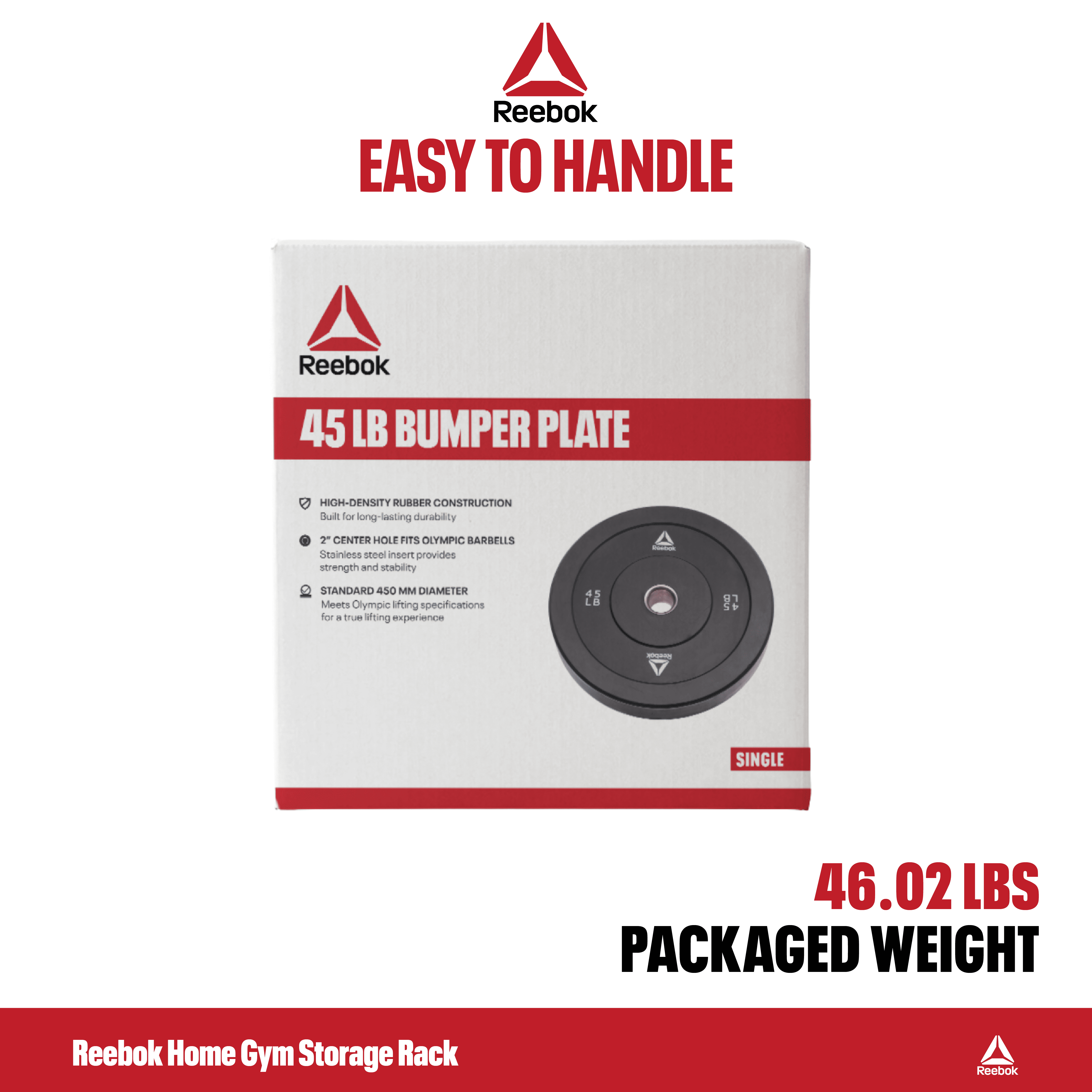 Reebok 45lb Olympic Rubber Bumper Plate – Low-Bounce Plates for Strength Training