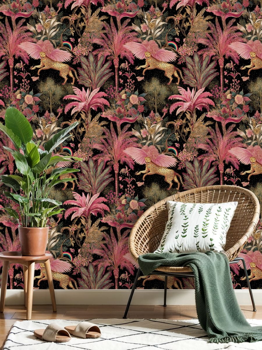 Peel and Stick Wallpaper Leopard Pink Wings Among Tropical Plants Vibrant Wall Mural 17.7in x 9.8ft Self Adhesive Removable Wall Paper Renter Friendly Wallpaper for Nursery Bedroom Cabinets