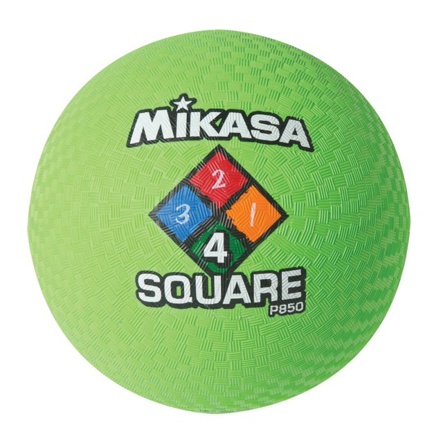 Mikasa P850 Foursquare Ball with an 8.5-inch diameter in neon green. The ball features a durable, latex-free rubber cover with a stipple finish for enhanced grip and longevity. The design includes a colourful four-square pattern with numbers 1 to 4, making it ideal for playground games. Its self-sealing valve ensures air retention, and the vibrant colour allows for easy tracking during dynamic movements. Suitable for outdoor play in all weather conditions.