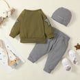 thumbnail image 4 of Kucnuzki 18 Months Newborn Baby Boy Winter Outfits Pants Sets 24 Months Long Sleeve Striped Star Prints Panel Solid Color Top Elastic Striped Pants Hat 3PCS Set Green, 4 of 9