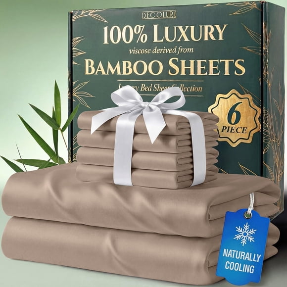 Juego de sábanas DECOLURE de viscosa de bambú tamaño king, efecto refrescante, 6 piezas
