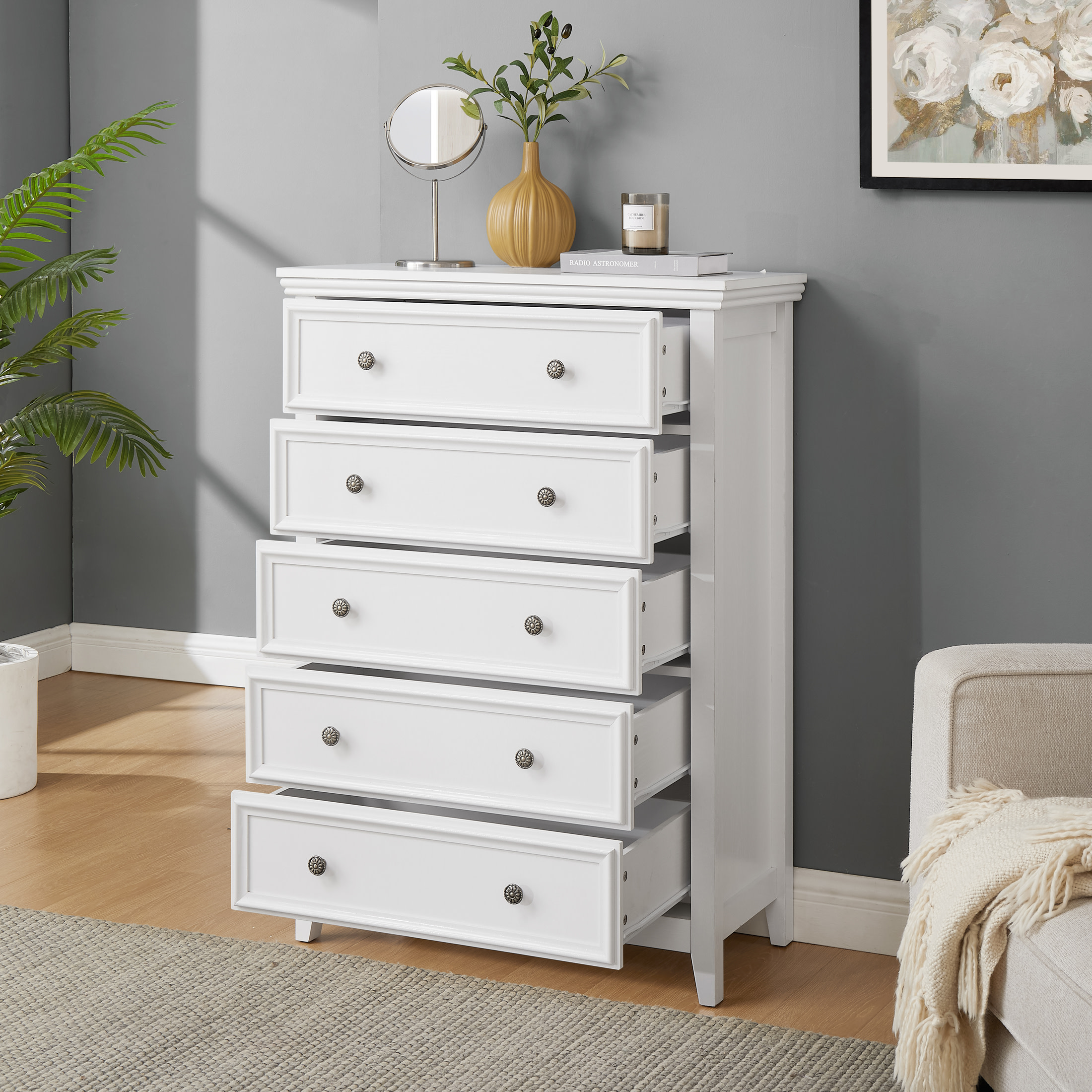 Noble House Eldune Modern Farmhouse 5-Drawer Dresser, Tall Clothes Storage Chest Organizer, for Living Room, White