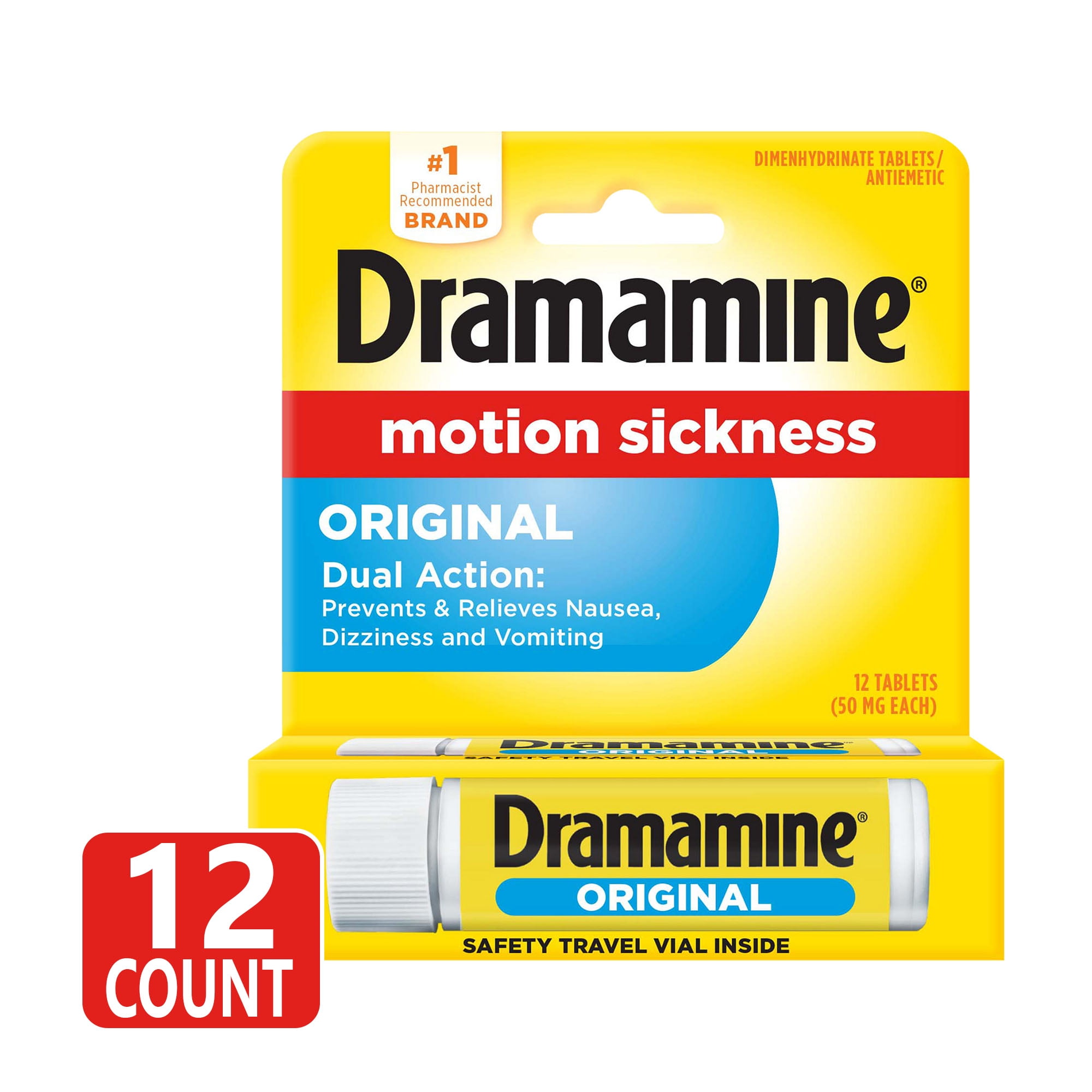 Dramamine Motion Sickness Relief, Original, Travel Vial, 12 Count