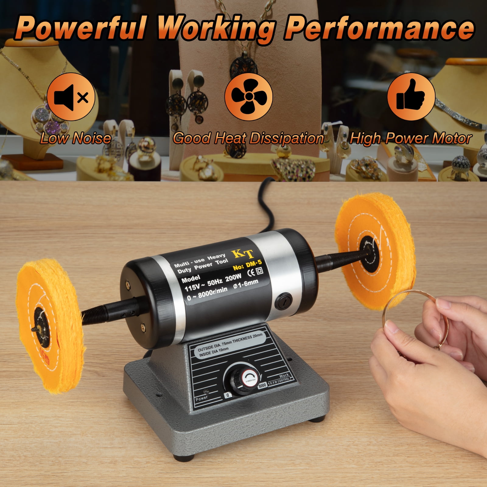 Jewelry Polisher Buffer 200W Jewelry Polishing Buffing Machine Dust Collector with Light 0-8000 RPM Variable Speed Bench Jewelry Rock Grinder