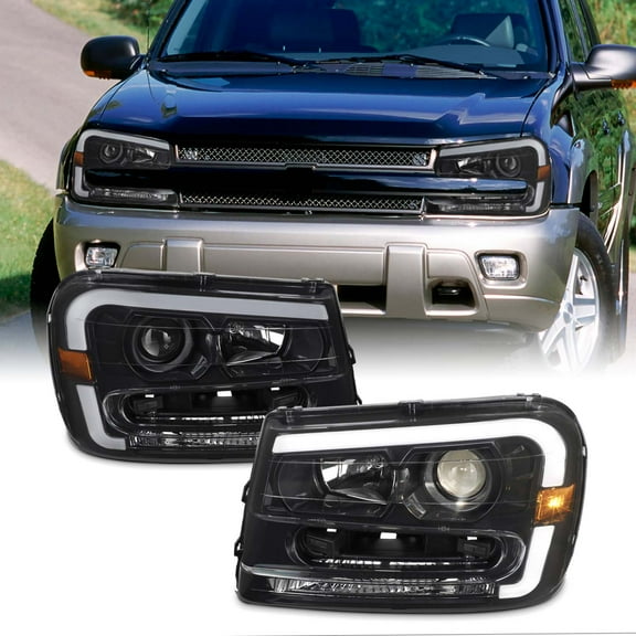 AKKON - Fits 2002-2009 Chevy Trailblazer [LED DRL Running] Projector Black Headlights Pair Driver Passenger Replacement