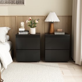 OXYLIFE 2 Nightstands with 2 Storage Drawers, Wooden Side Table Bedside End Table for Bedroom, Black