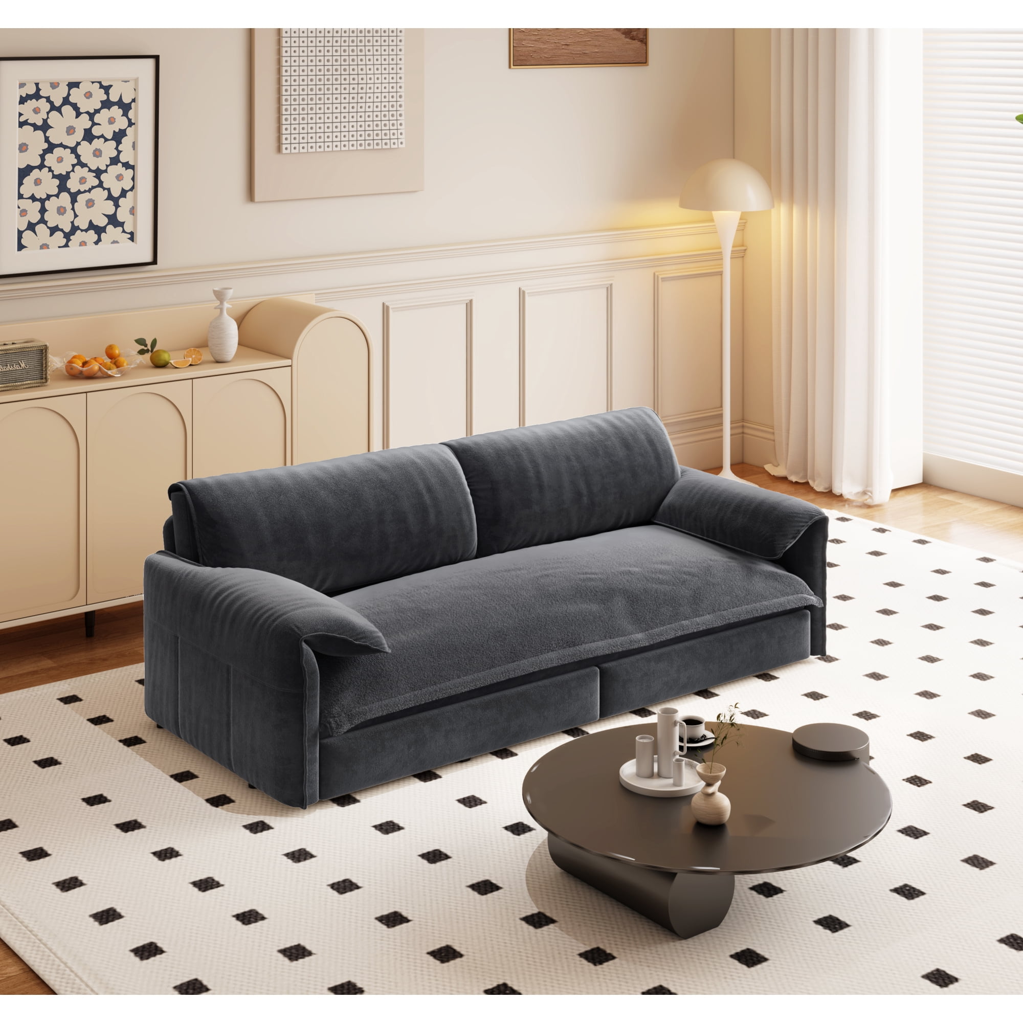 HOQBN Queen Pull Out Sofa Bed, 3-in-1 Convertible Sleeper Sofa with Side Storage,66"W Multi-Functional Velvet Loveseat Sofa Bed for Living Room,Grey