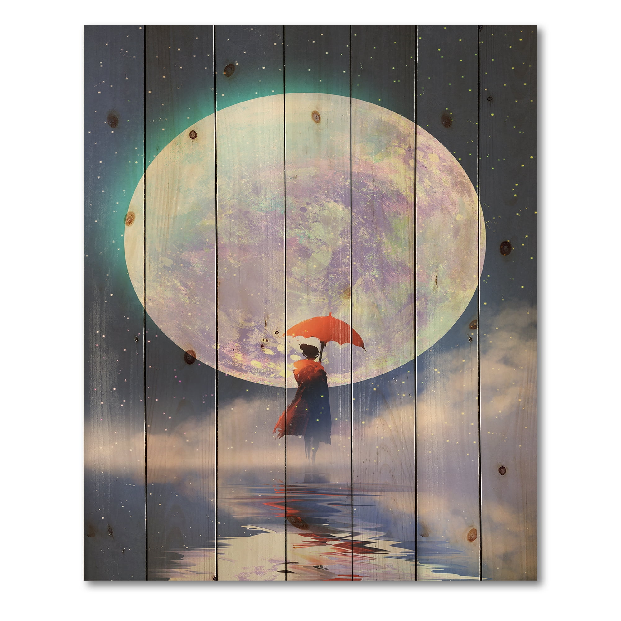 Designart 'Girl With Umbrella Standing On Water Against Moon' Traditional Print on Natural Pine Wood
