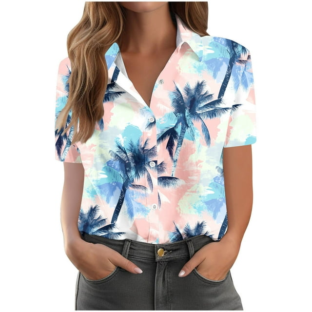 Pantalones Cortos para las Mujeres Impresión Sexy Cómodo Bolsillo de Manga Corta, Botón Top Blusa Camiseta