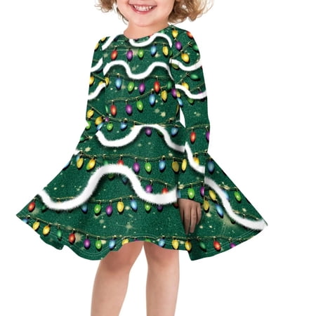 Renewold Fashion Skater Dress Casual Swing Twirl Dress Christmas Colorful Lights Princess Dresses for Girls Knee Length High Waistline Dress Clothing Size S