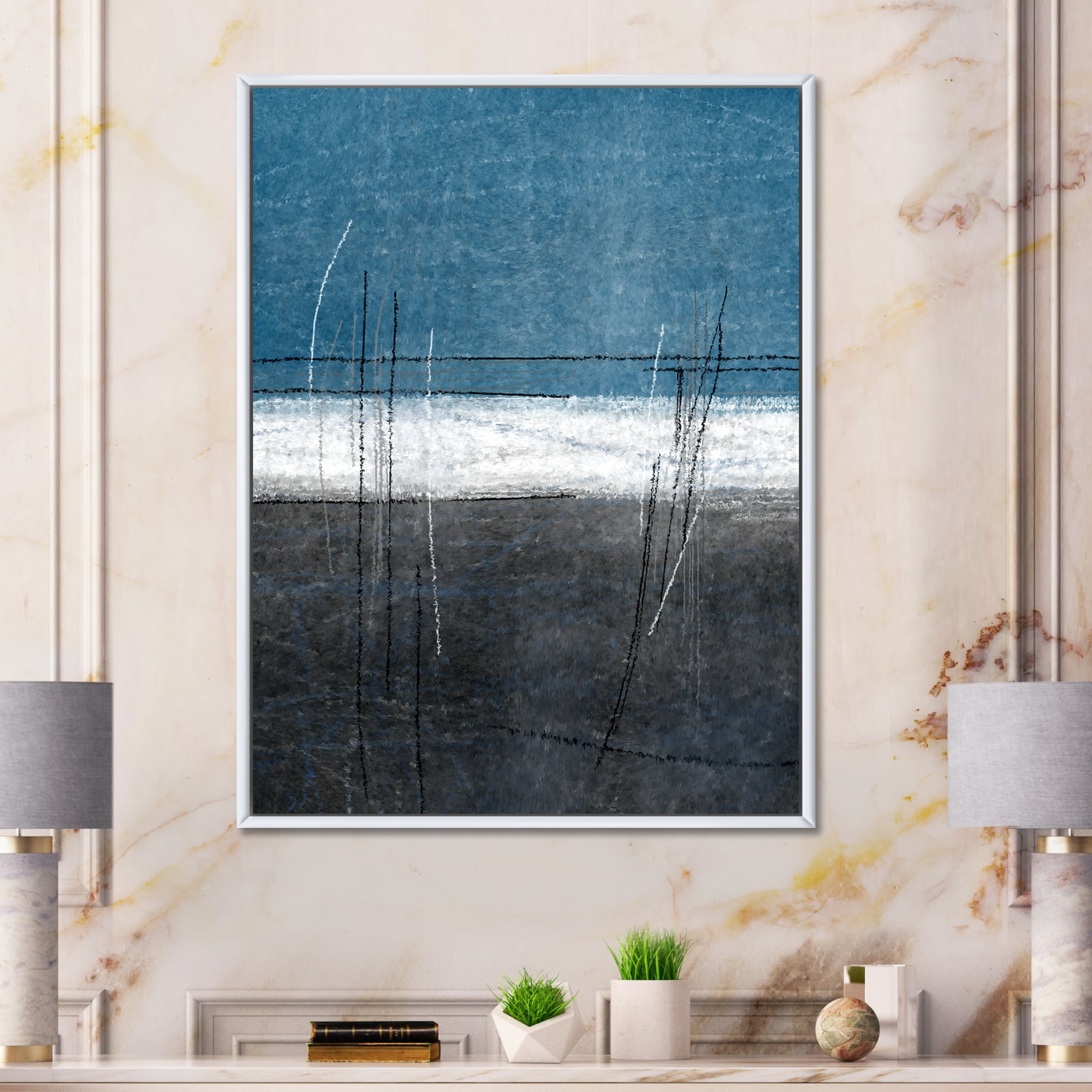 Designart 'Grey Meet Teal Abstract Art' Modern Framed Canvas Wall Art Print