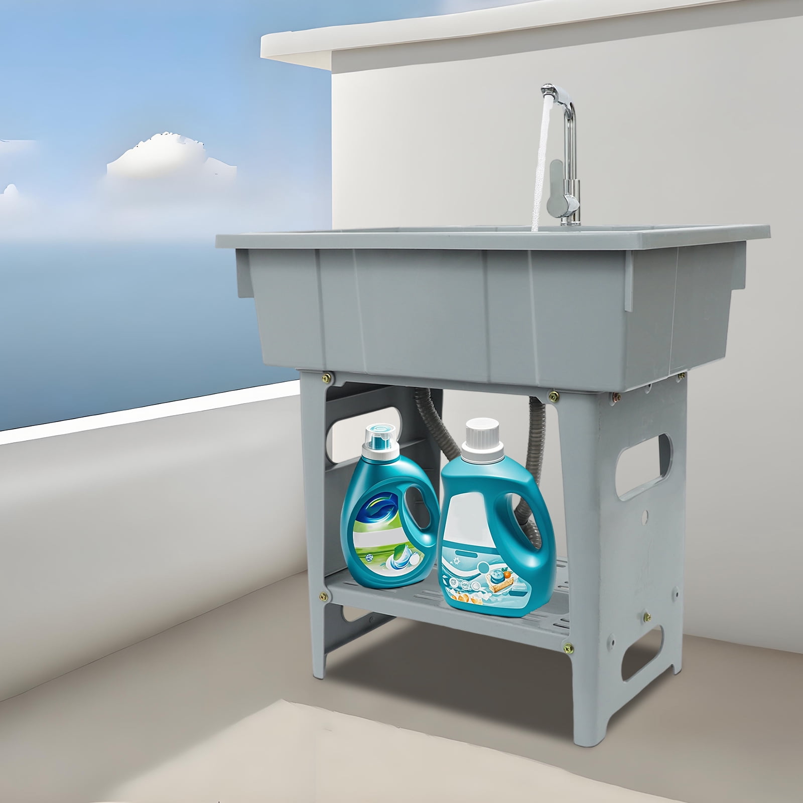 Laundry Sink 31.5x22x31.9in Grey Freestanding Utility Sink with 28.4x17.7x9.4in Basin & Storage Shelf