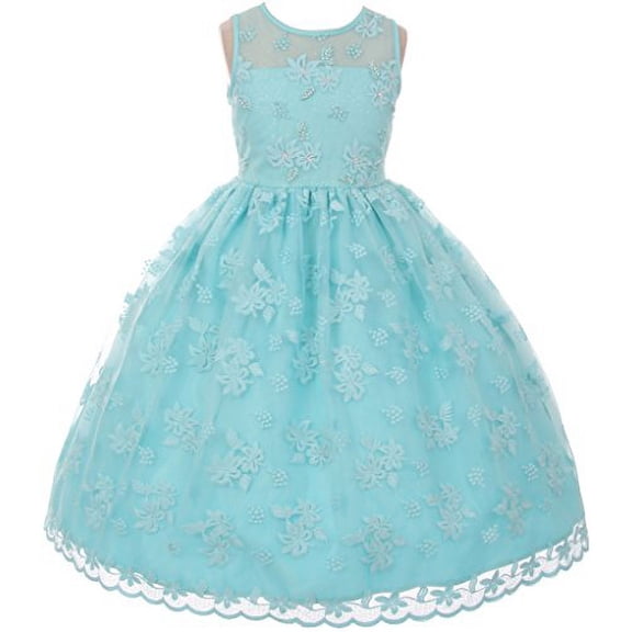 Flower Girl Dress Lace Throughout Pearls Deco Bodice for Big Girl Aqua 10 TR.1037