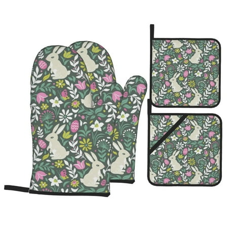

Oven Mitts and Pot Holders Sets 4 pcs - Art Cute Rabbit Butterfly Flower Heat Resistant Silicone Oven Gloves with Non-Slip Silicone Surface and hot pads for kitchen Baking Cooking BBQ