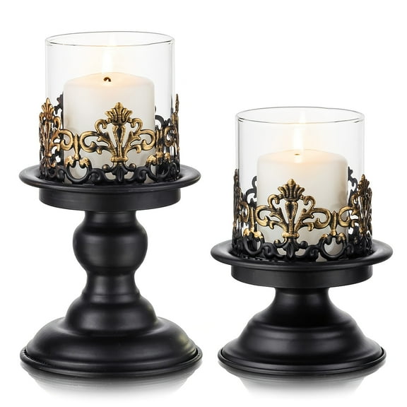 2pcs/set Vintage Candle Holders for Pillar Candles, Black Candle Holder Set with Glass, Versatile Metallic Pedestal Glass Floral Centerpiece Base for Wedding Party Home Fireplace Mantel Decoration