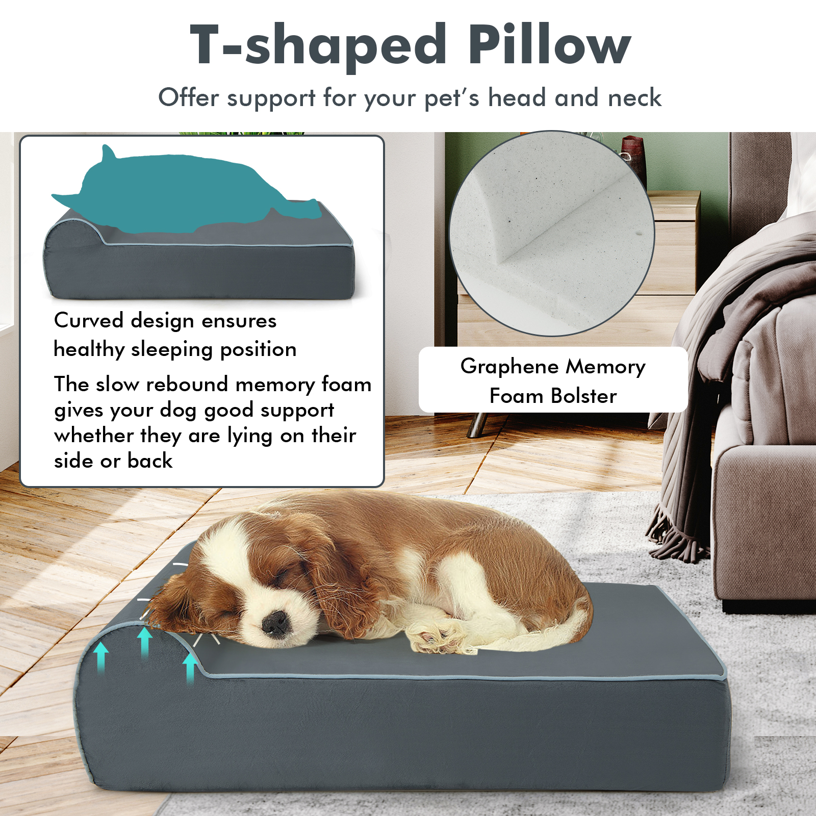 Infans Memory Foam Orthopedic Dog Bed for Large Dogs w/ Headrest & Washable Cover Grey