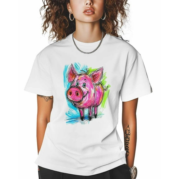 T Shirts for Women Short Sleeve Cotton Crewneck T-Shirt, Hand Drawn Style Cartoon Pink Pig Tee Tops Casual Basic T-Shirts, XS-5XL White M