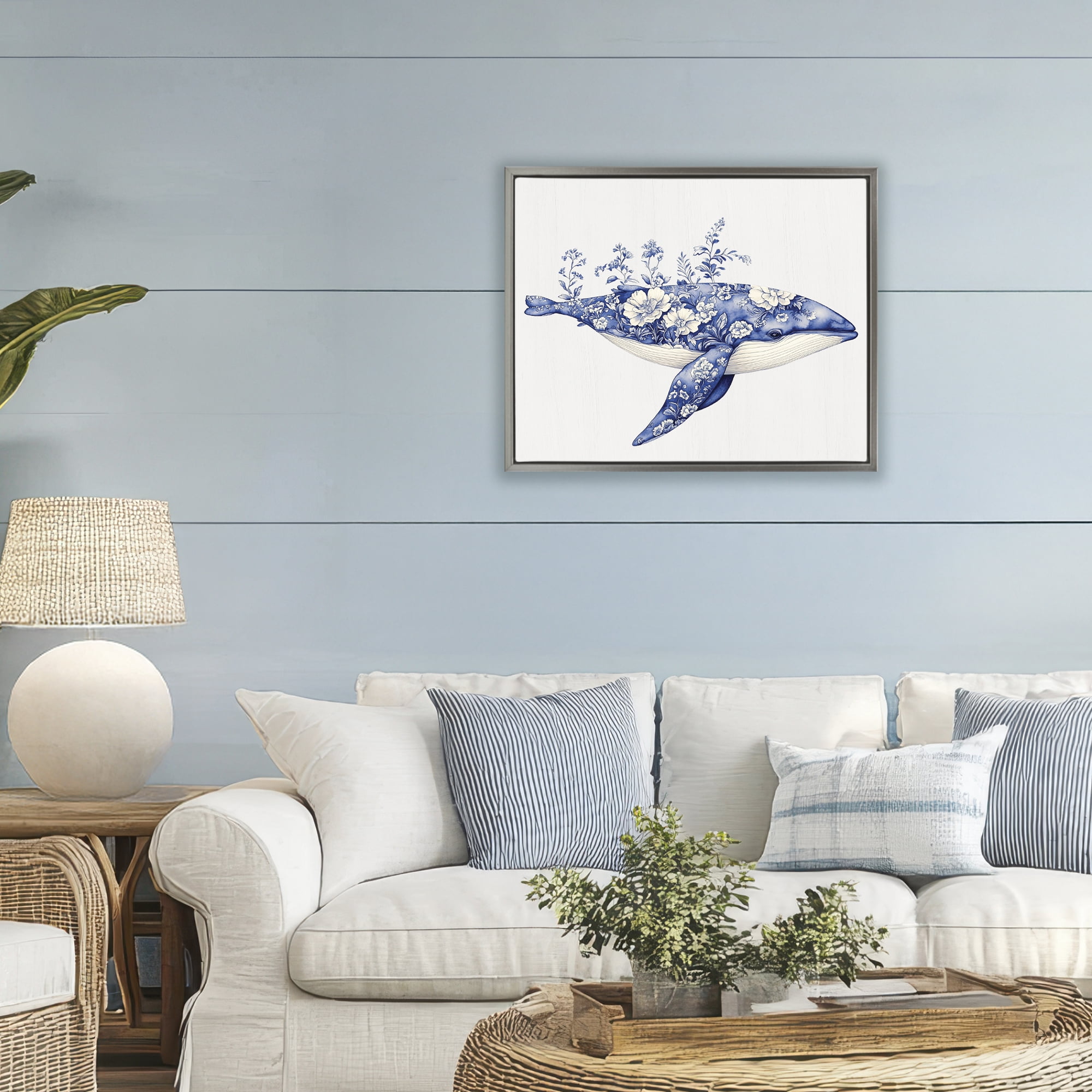 Blooming Toile Whale Gray Framed Floater Canvas Wall Art, design by Lettered and Lined
