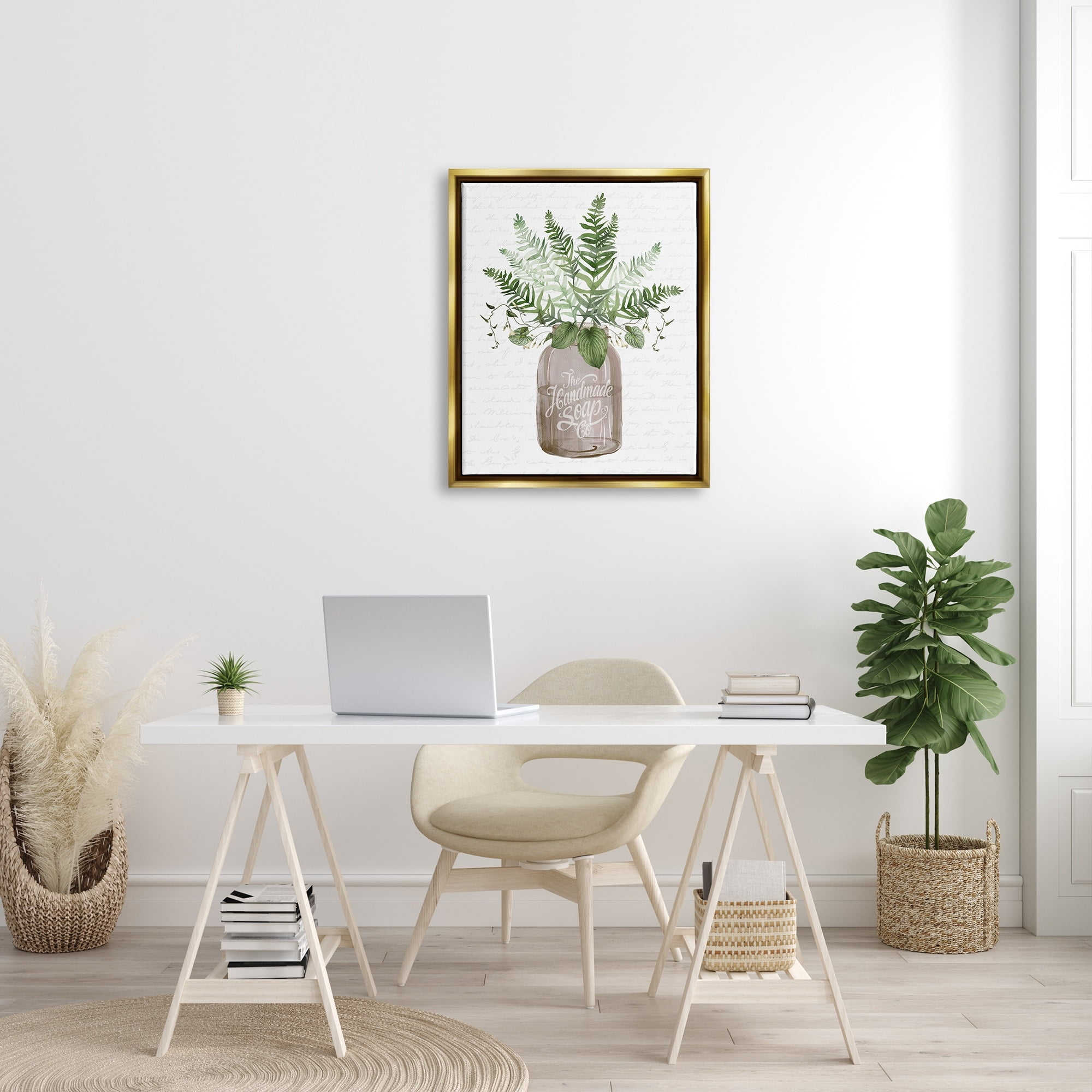 Stupell Industries Mixed Green Leaves Botanical Bouquet Jar Cursive Graphic Art Metallic Gold Floating Framed Canvas Print Wall Art, Design by Lettered and Lined
