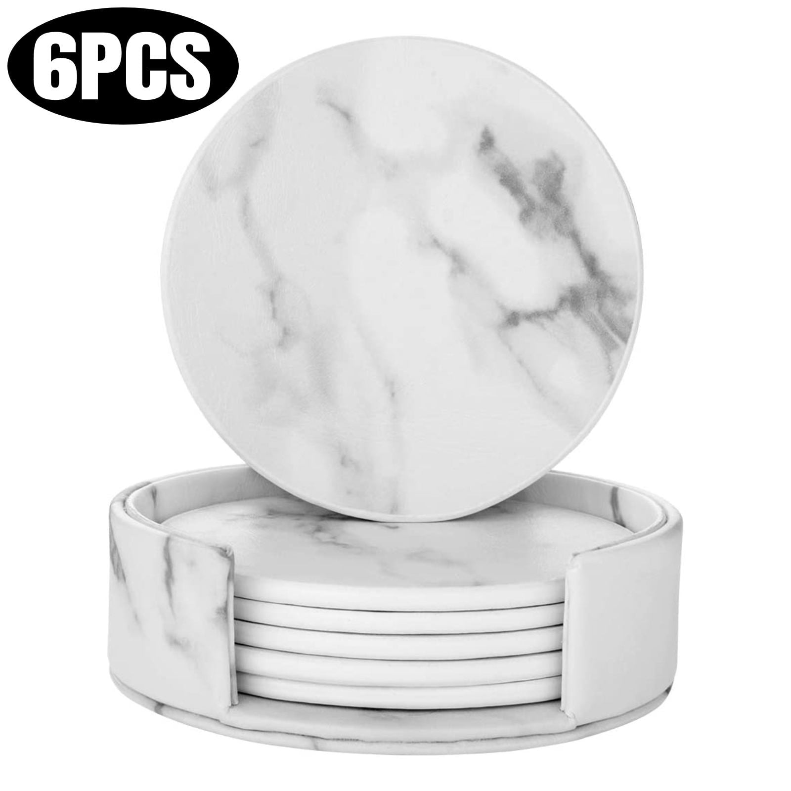 6Pcs Marble Leather Coasters, TSV Leather Coasters with Holder, Non-Slip Coffee Cup Pads, Marble Coasters for Drinks, Round Marble Pattern Mats for Bar Kitchen, White