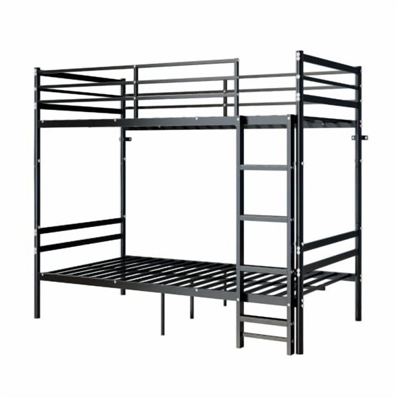Twin Over Twin Metal Bunk Bed, Heavy Duty Bunk Beds with Safety Guardrail and Ladder, Space Saving Bed Frame with Sturdy Metal Slats, No Box Spring Needed for Bedroom Dorm, Black