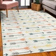thumbnail image 3 of Boho Decorative Rug, Retro Arrow Pattern in Horizontal Line Heading to Opposite Directions Art, Quality Carpet for Bedroom Dorm and Living Room, 6 Sizes, Orange Yellow and Blue, by Ambesonne, 3 of 4