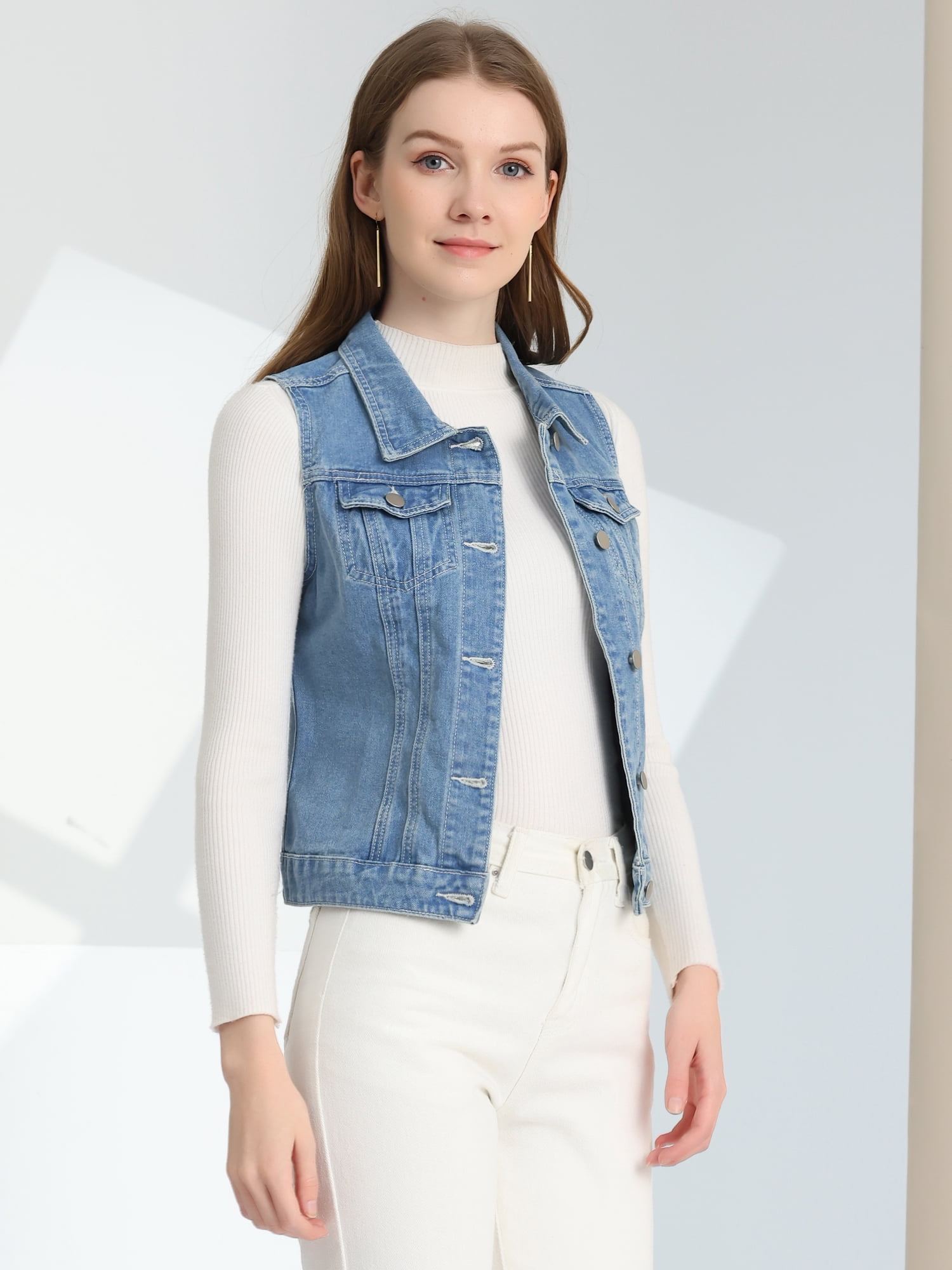 DARING DIVA Women's Denim Sleeveless Flap Pockets Vest Jacket XS Light Blue-B
