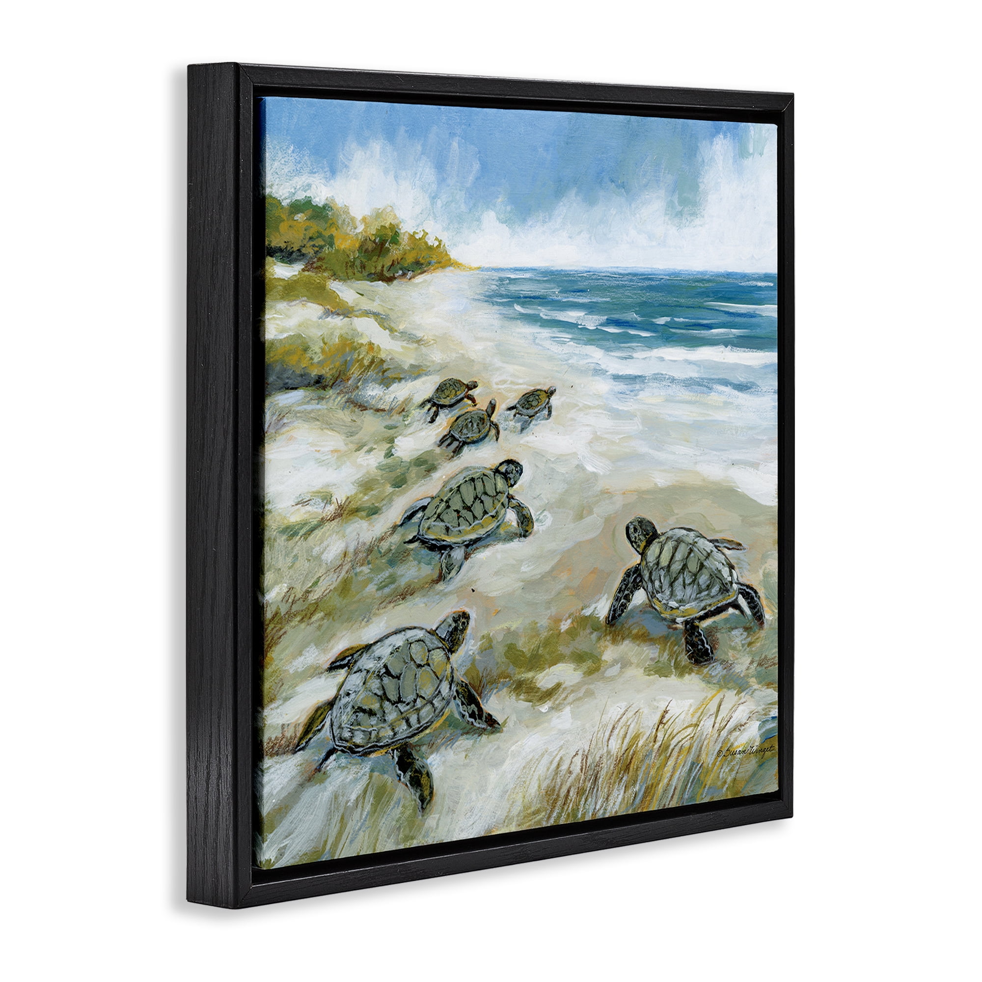 Stupell Industries Baby Sea Turtles on Beach Black Framed Floater Canvas Wall Art, design by Susan Winget