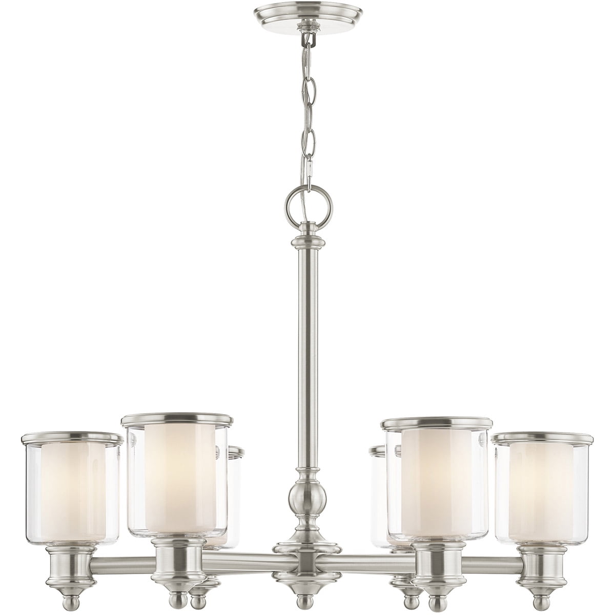 6 Light Brushed Nickel Chandelier with Clear Glass & Satin Opal White Glass Shade