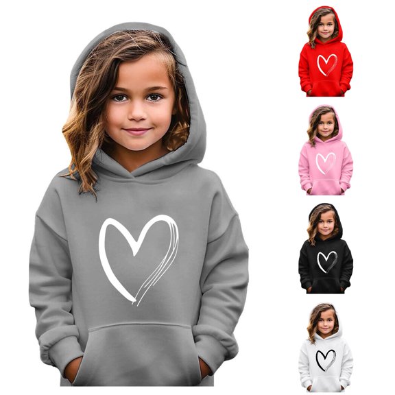 Girls Heart Print Hoodie Long Sleeve Soft Sweatshirt Casual Pullover Top For Kids